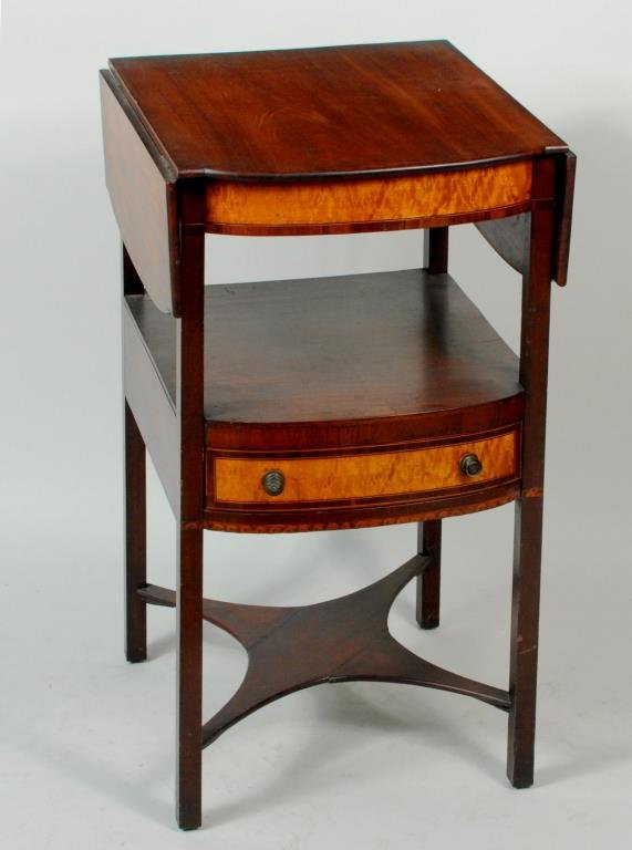 Boston Inlaid Federal Mahogany Work Table: Unusual Federal inlaid mahogany drop leaf one drawer work table, with bowed front and inlaid frieze with lunette inlay, above a drawer and shaped stretcher, with square legs, Boston circa 1800, in the
