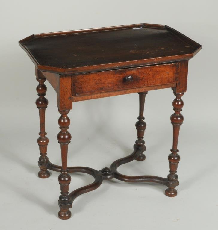 Louis XIII Carved Walnut Tea Table: Rare Louis XIII carved walnut rectangular tray top tea table, with one drawer, set on turned legs and shaped stretcher base. Late 17th, early 18th century. 25" high, 25.5" wide, 18.5" deep. Provenance