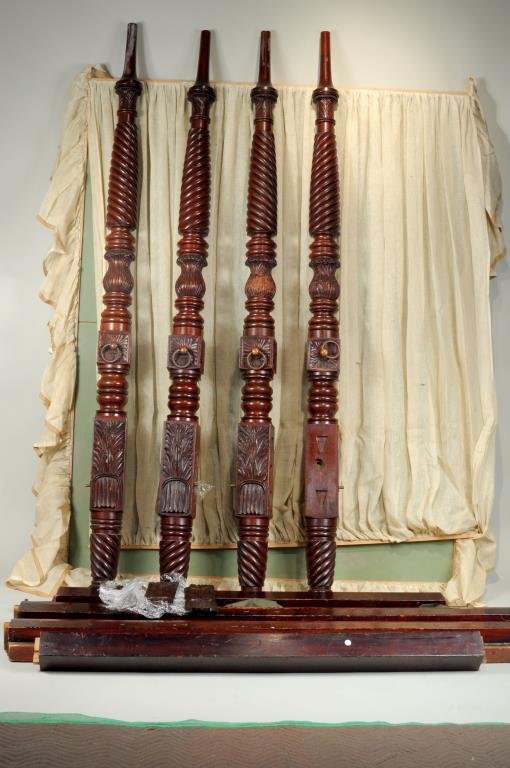 Massachusetts Federal Carved Mahogany Bed: Massachusetts Sheraton carved mahogany tall post bed, with elaborate multiple carving motifs, including spiral carved posts, rosette carved blocks and turned spiral carved feet, with acanthus carved b