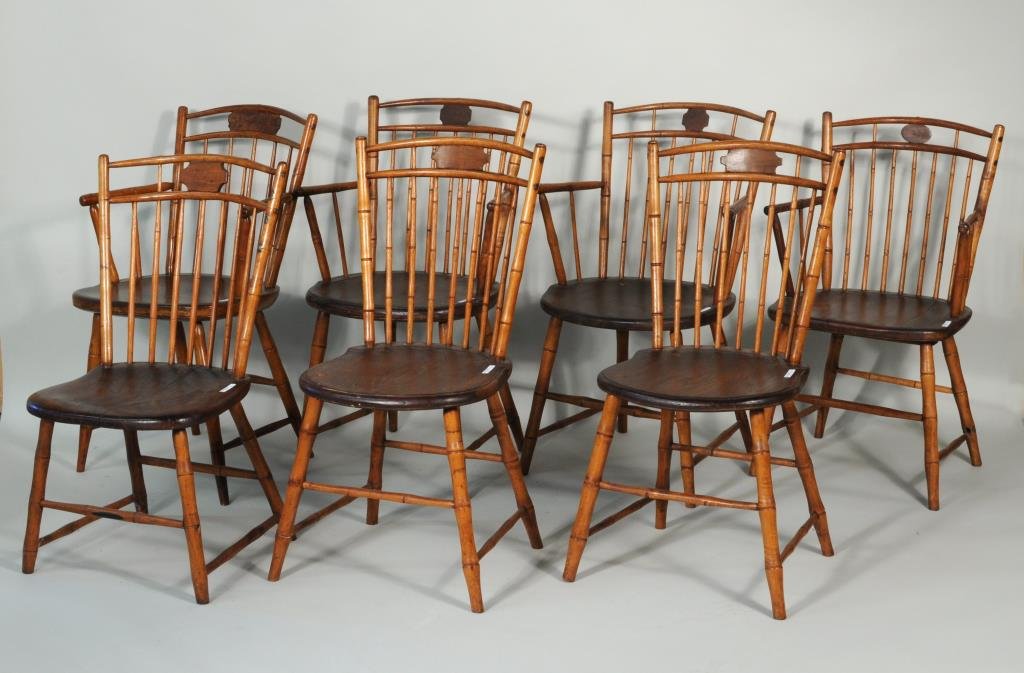Set Seven American Windsor Chairs, Four Arms: Set of seven American country bird cage style bamboo Windsor chairs, three side and four arm chairs. 33 1/2" high, 20" wide, 16 1/2" deep. Condition: wear, losses, repairs, some looseness.