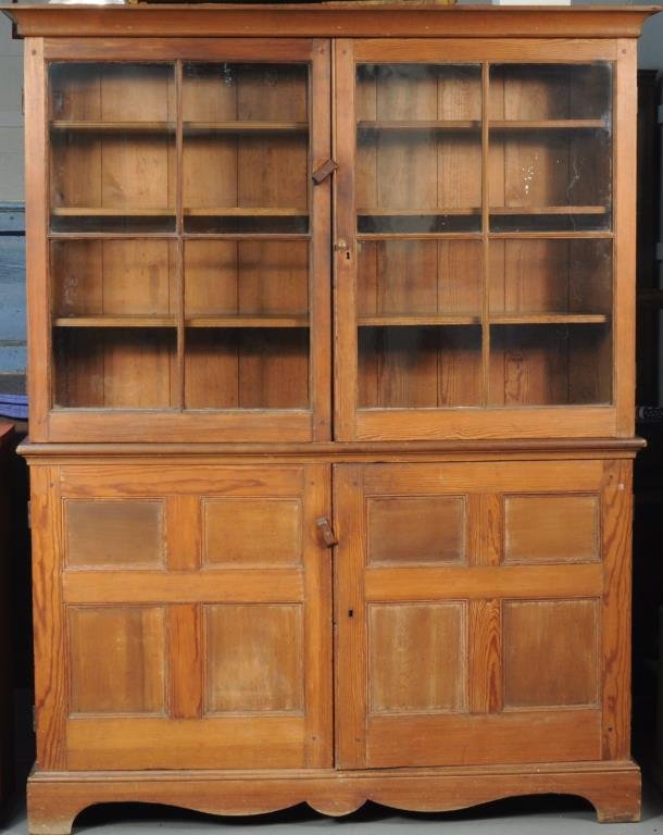 Yellow Pine Wall Cupboard: Yellow pine wall cupboard having two four light cupboard doors containing three interior shelves, two paneled doors below opening to three interior shelves on scalloped bracket base. 77" high, 58 1/2"