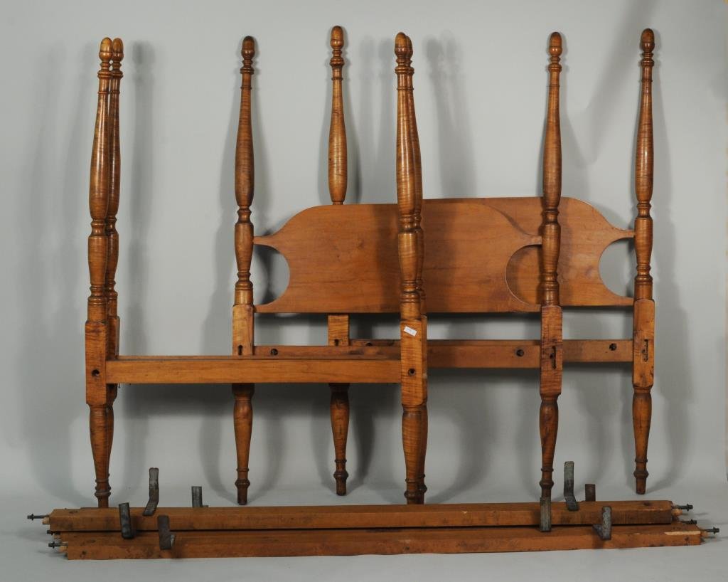 Pair Sheraton Style Tiger Maple Twin Tall Beds: Pair Sheraton style tiger maple twin tall post beds. 62" high, 43" wide, 80" long.
