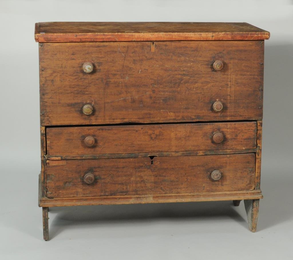 Painted Country Pine Blanket Chest: American country pine blanket chest, with lift top over two sham drawers and two working drawers, with bootjack ends, traces of old paint. 39 3/4" long, 18"wide, 36 1/4" high. Condition: wear, losses,