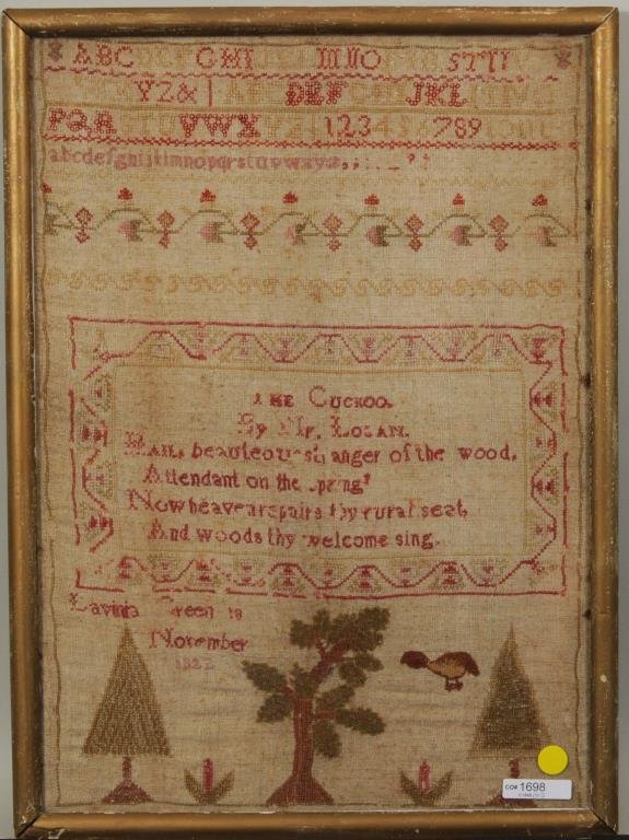 Girl's Sampler "The Cuckoo", Signed: Girl's sampler "The Cuckoo" signed, dated "Lavina Green 18 November 1822". Framed, not examined out of frame. Sight size: 19 1/2" high, 14" wide. Frame size: 21" high, 15 1/2" wide. Condition: stains,