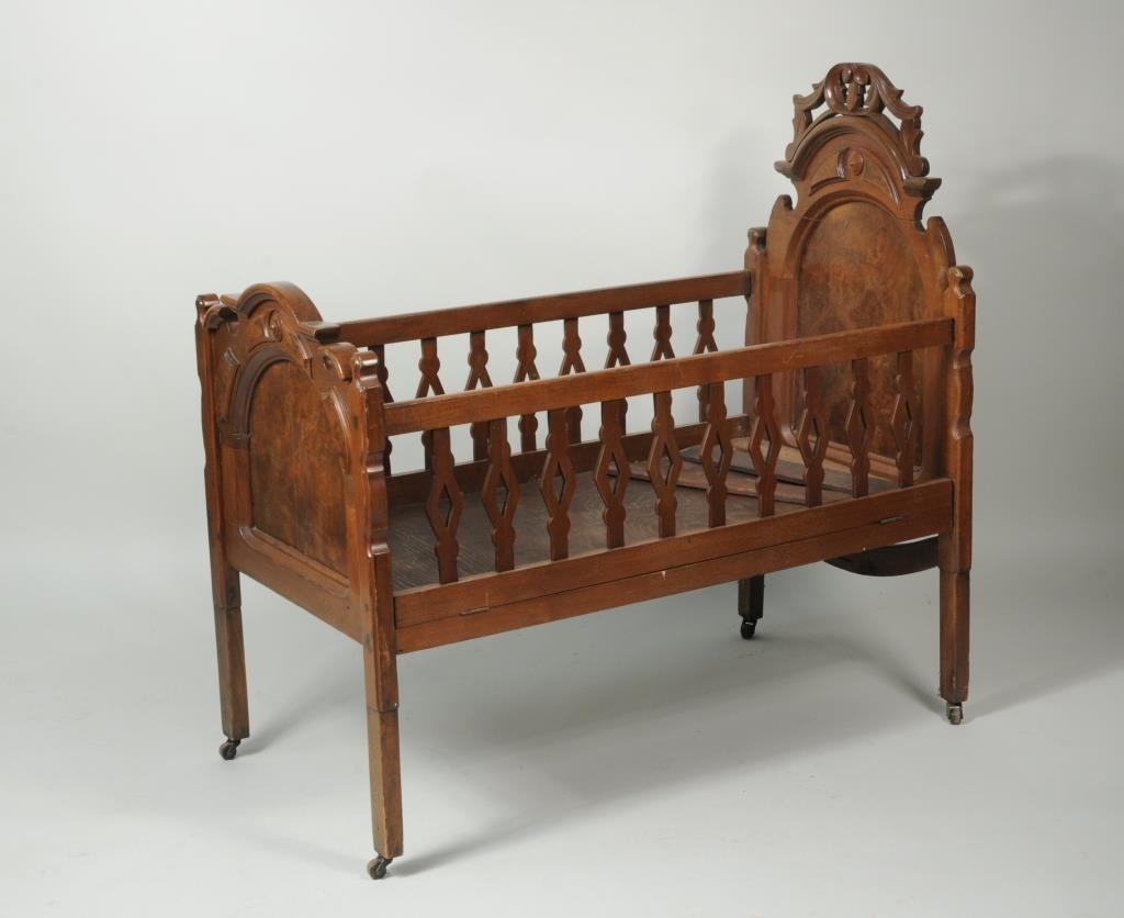 Eastlake Style Victorian Crib: Eastlake style Victorian crib. 44” high, 23” wide, 45” long.