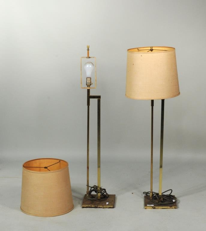 Pair Mid-Century Floor Lamps: Pair of mid-century metal floor lamps. 43" high, 18 3/4" wide. Condition: excessive wear.