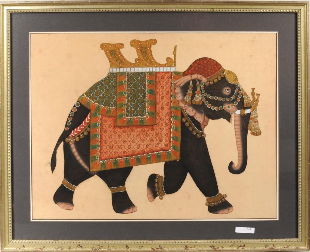 Indian Mughal Style Painting on Fabric: Indian mughal style painting on fabric of a caparisoned elephant, ink, pigment, and gold on fabric (probably silk). Framed under glass, not examined out of frame. Sight size: 16" high, 22" wide. Frame