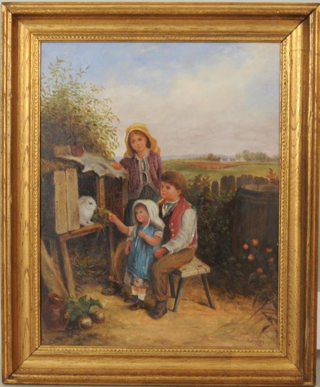 James Hardy Jr. "Feeding The Rabbit" O/B: James Hardy Jr. (English, 1832-1889), "Feeding The Rabbit" oil on board inscribed lower right "Duke D'Apres (After) J. Hardy". Sight size: 15 3/8" high, 12" wide. Frame size: 19 1/2" high. 16 1/4" wid
