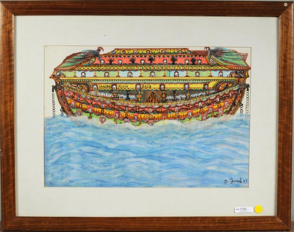 Drago Jurak "Zagorsk Puran Brod" Mixed Media: Drago Jurak (Croatian, 1911-1994), "Zagorsk Puran Brod" mixed media on paper, signed, dated lower right "D Jurak 97". Framed, not examined out of frame. Sight size: 13 1/4" high, 19" wide. Frame size: