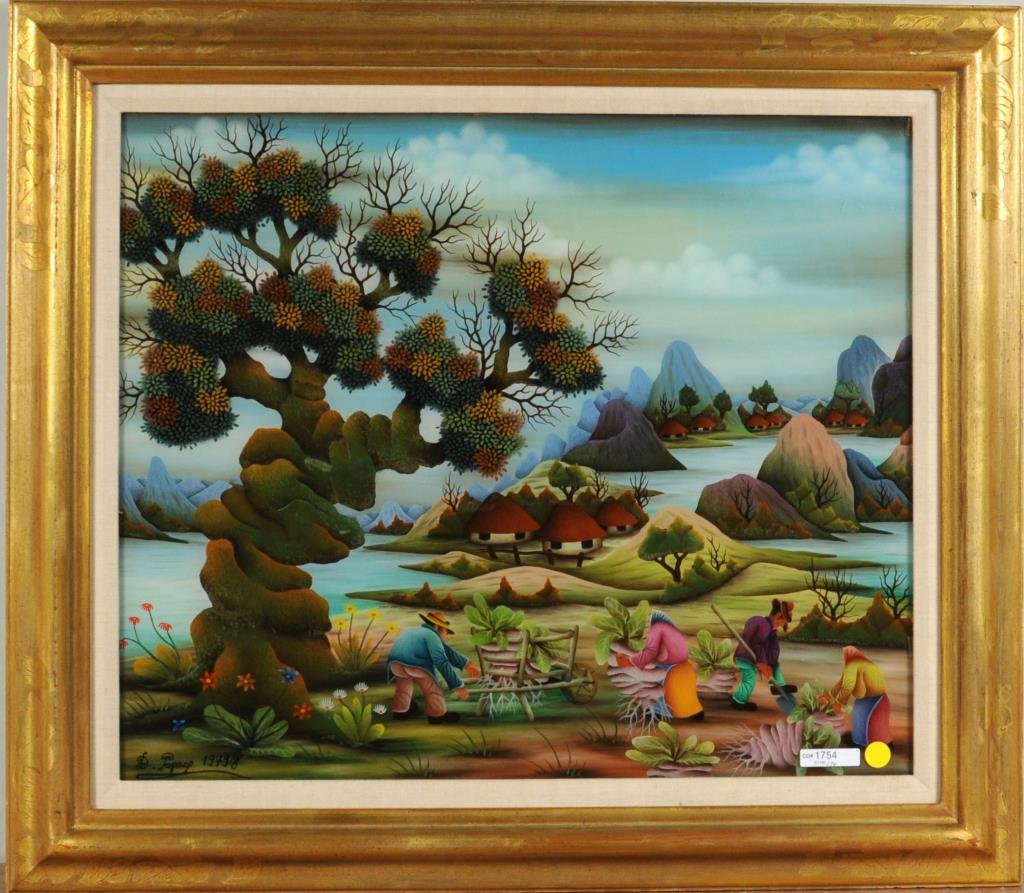 Djuro Popec "Farm Scene" Reverse Painting O/G (1 of 3)
