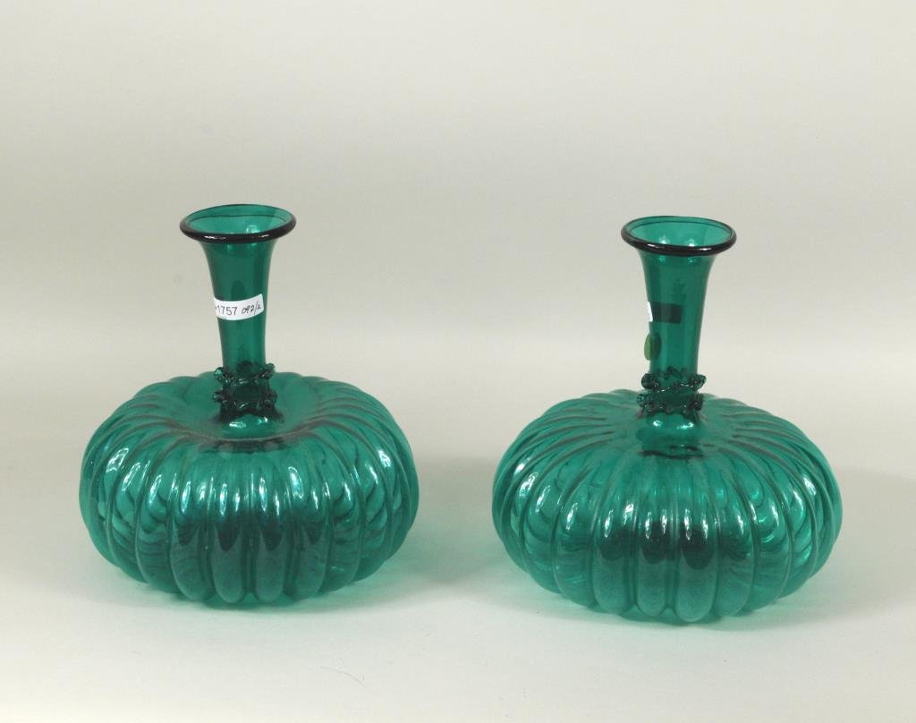 Pair Green Lobed Glass Vases W/Applied Decoration (1 of 2)