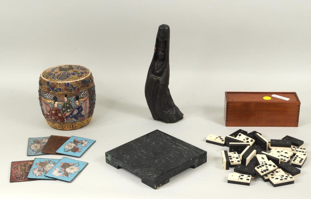 Estate Lot Ten Decorative Items: Ten decorative items comprising a boxed set of ebony and bone dominoes, five Japanese cloisonne plaques, a root carving, a moriage covered jar and marble trivet. Largest: 5 1/4" high, 5" diameter. Sma