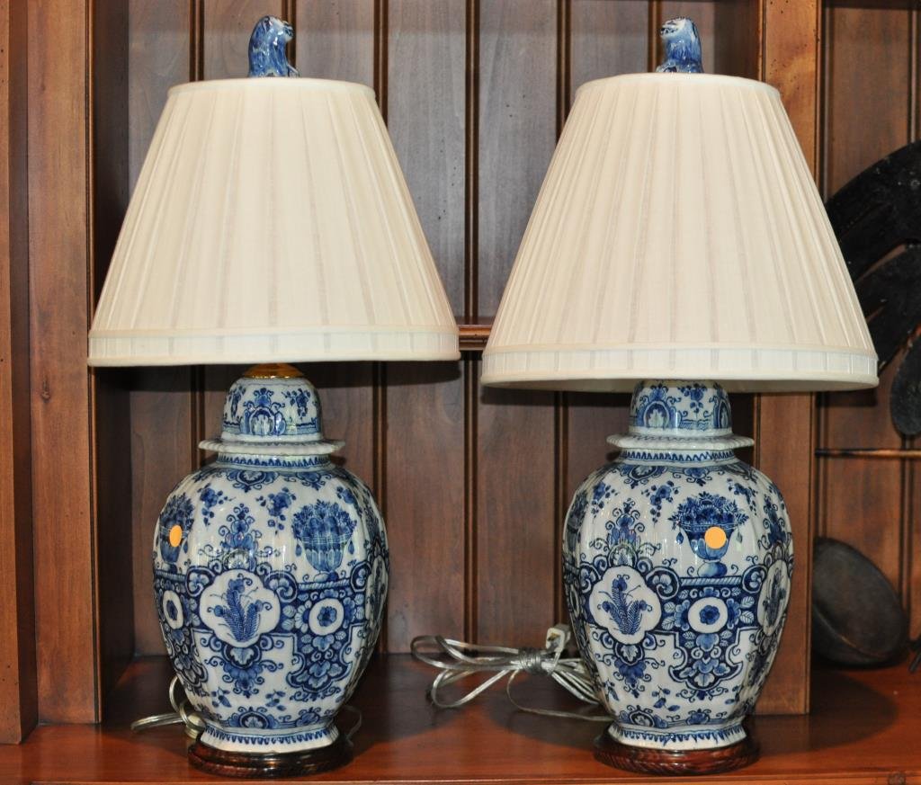 Pair Dutch Delft Porcelain Urns, Now As Lamps (1 of 3)