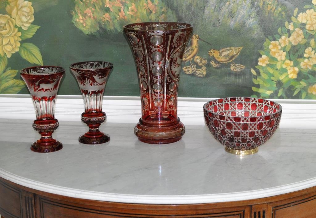 Group 4 Czech Cranberry Cut To Clear Glass Items (1 of 2)