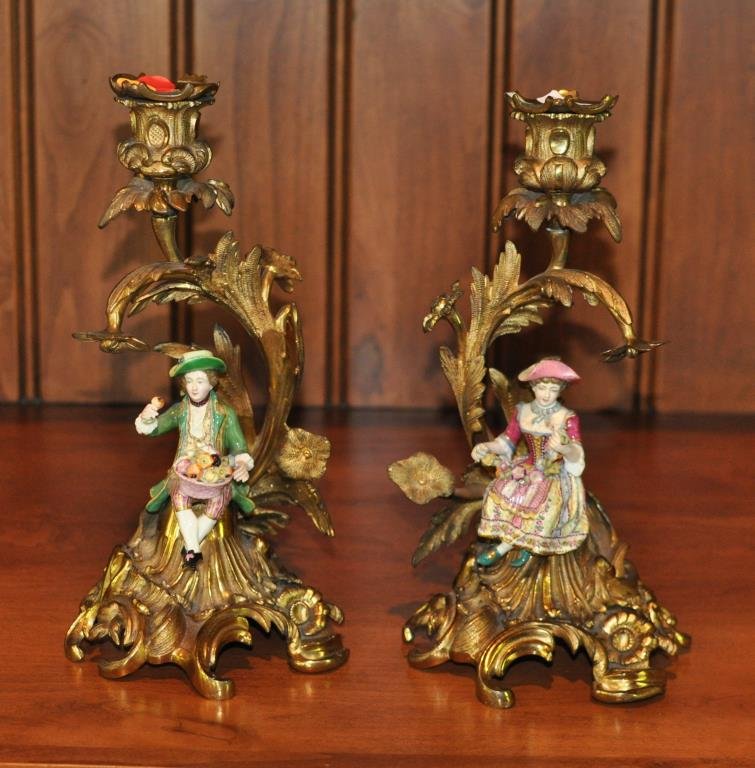 Pr Gilt Bronze Candlesticks w/Porcelain Mounts (1 of 3)