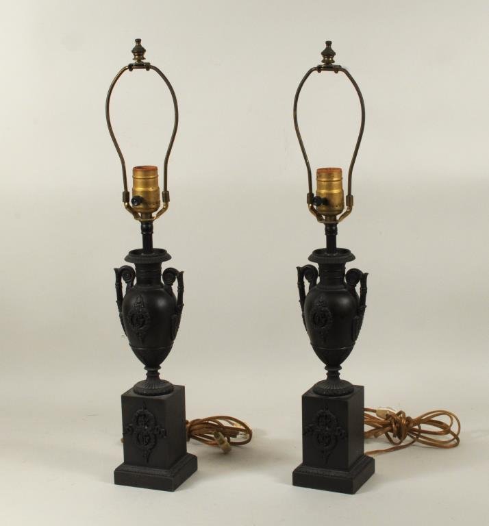Pair Regency Style Urn Form Patinated Brass Lamps (1 of 3)