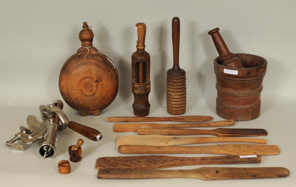 Group Sixteen Wood & Metal Kitchen Related Items: Group of sixteen wood and metal kitchen related items including a turned flask, mortar and pestle, bottle corker, Rapid wine pull and other items. 1 1/2" high, 1 3/8" wide to 7" high, 6 1/2" wide. Con
