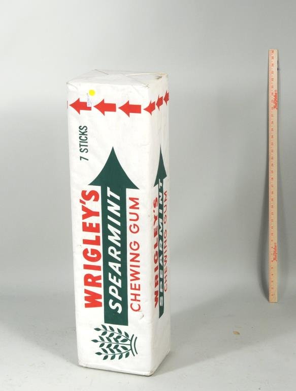 Pop Art "Wrigley's Spearmint" Oversize Pack Of Gum: Pop Art "Wrigley's Spearmint" fashioned as an oversize pack of chewing gum, painted canvas on foamcore. 10" high, 36" wide, 8" deep. Condition: small tears and damage, sold as is.