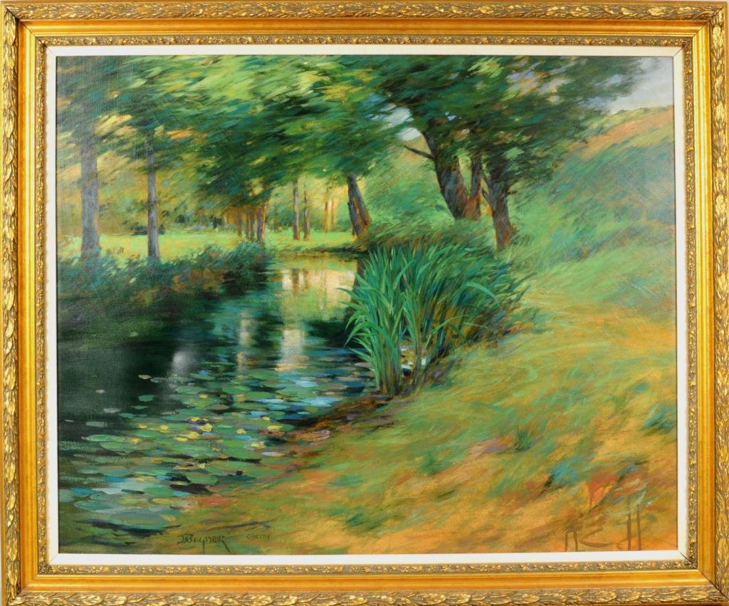 J.S. Wagner "Giverny" O/C: J.S. Wagner (20th century), "Giverny" oil on canvas signed, titled lower border "J.S. Wagner". "Eckert Fine Art Galleries, Indiana, Florida" label on verso. Sight size: 27 1/2" high, 34 1/2" wide. Fra