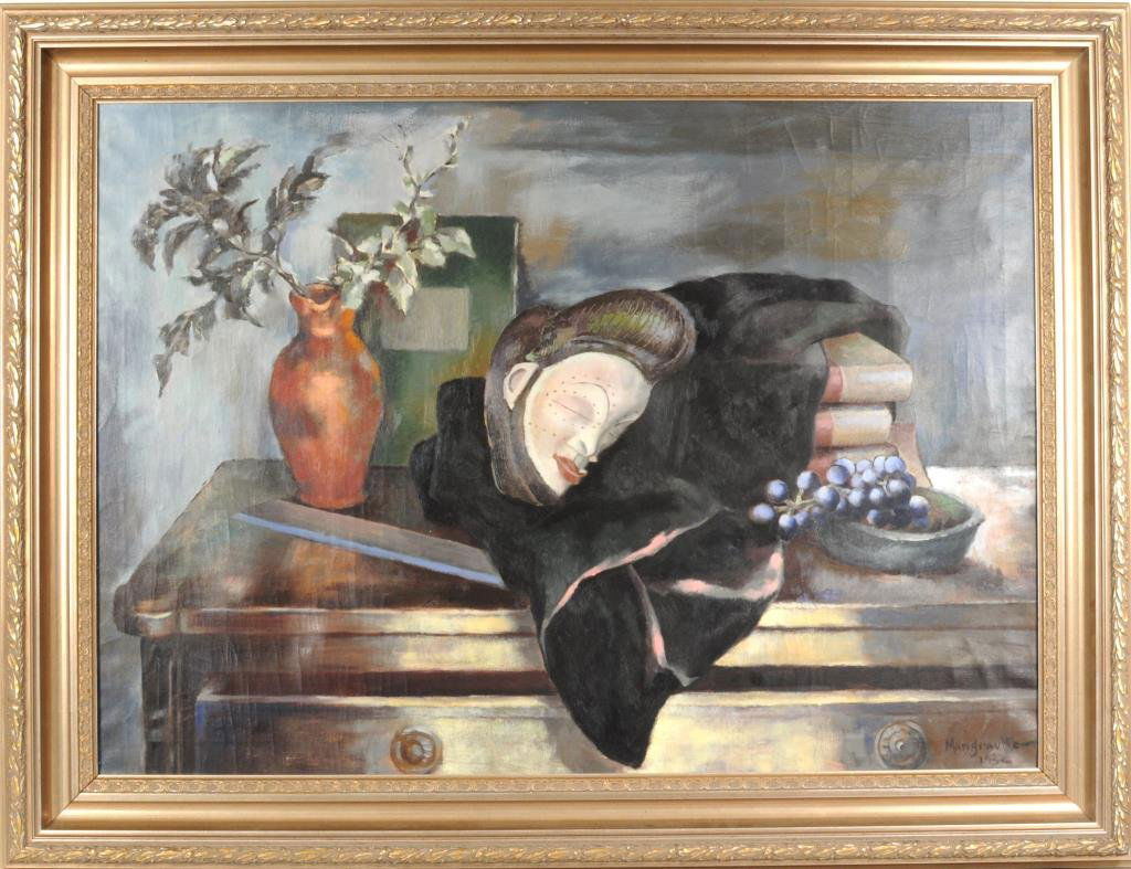Peppino Mangravite "Masque- Grapes Paris 1932" O/C: Peppino Mangravite (Italian/American, 1896-1978), "Masque & Grapes Paris 1932" oil on canvas, signed, dated lower right "Mangravite 1932". Titled, dated on verso, also with Paris exportation stamp. Si