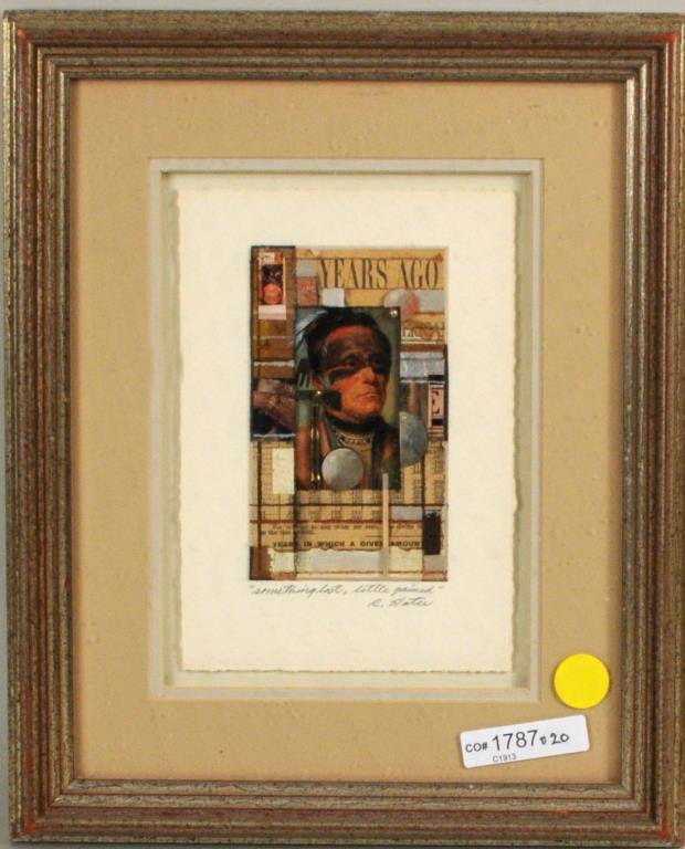Roderick Slater, "Something Lost, Little Gained": Roderick Slater (American, b. 1937), "Something Lost, Little Gained" mixed media collage, titled, signed in pencil lower right "R. Slater". Framed, not examined out of frame, artist's information on v