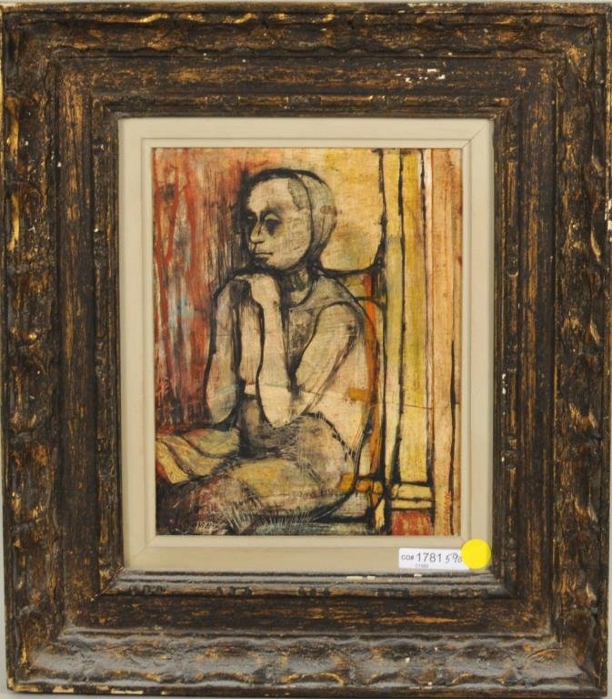 Carolyn Plochmann "Seated Figure" MM/Panel: Carolyn Plochmann (American, b. 1926), "Seated Figure" mixed media on panel signed lower right "Plochmann". Sight size: 9 1/2" high, 7 1/2" wide. Frame size: 16 3/4" high, 14 3/4" wide.