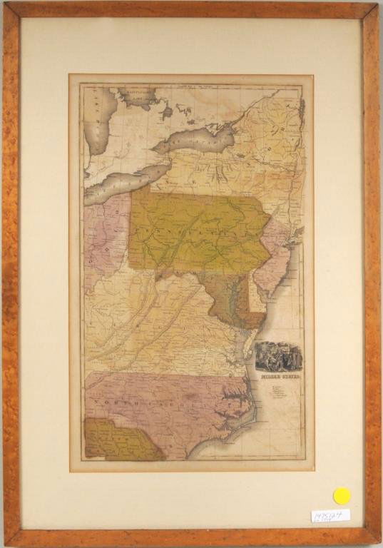 Hand Colored Lithograph Map "Middle States": Hand colored lithographed map "Middle States". Framed, not examined out of frame. Sight size: 17 1/2" high, 11" wide. Frame size: 24 1/4" high, 17 1/8" wide. Condition: toning, stains.