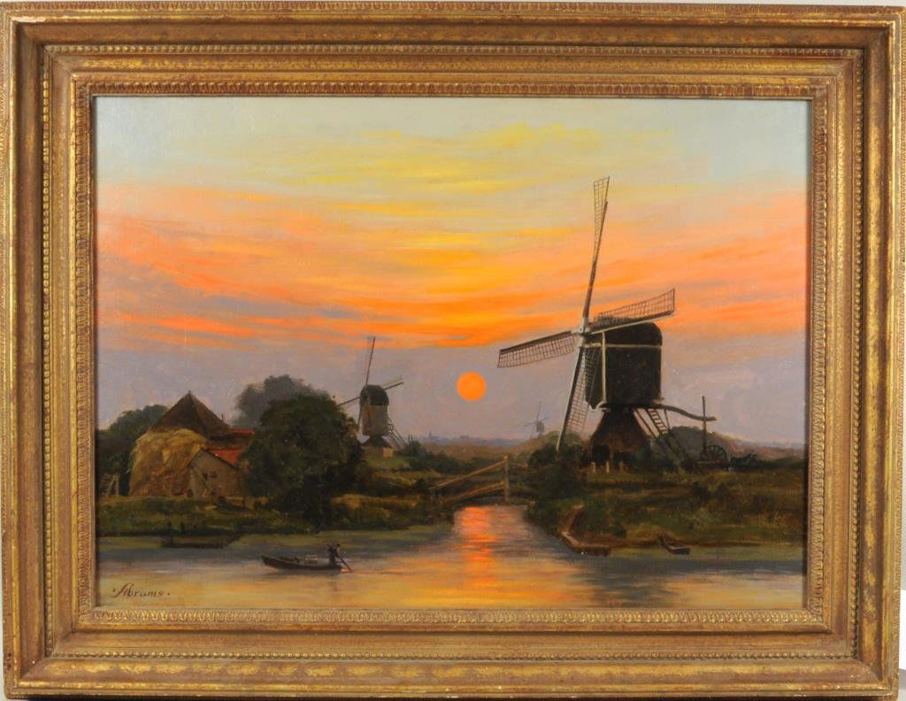 Herbert E. Abrams "Dutch Windmills, Sunrise" O/C (1 of 4)