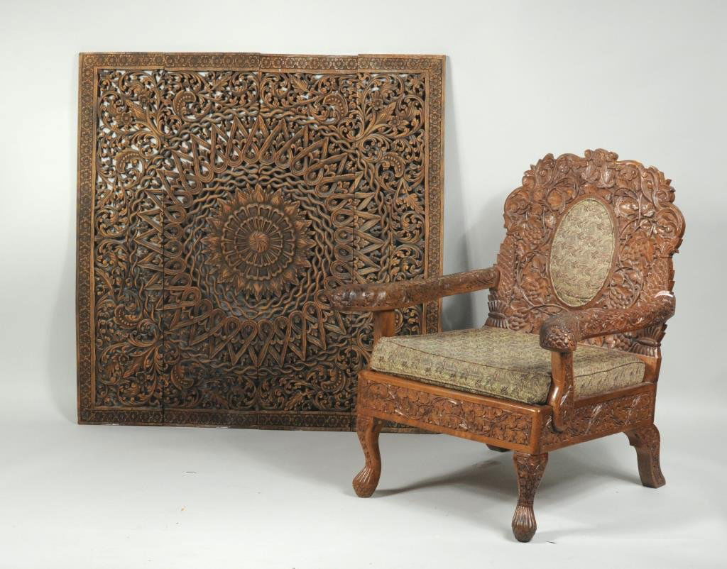 A Heavily Carved Indian Armchair, Thai Wood Screen (1 of 7)