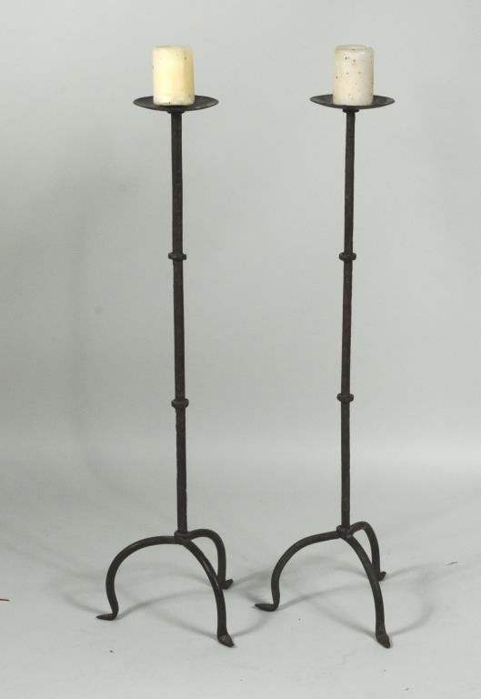 Pair Wrought Iron Candlestands On Tripod Bases (1 of 3)