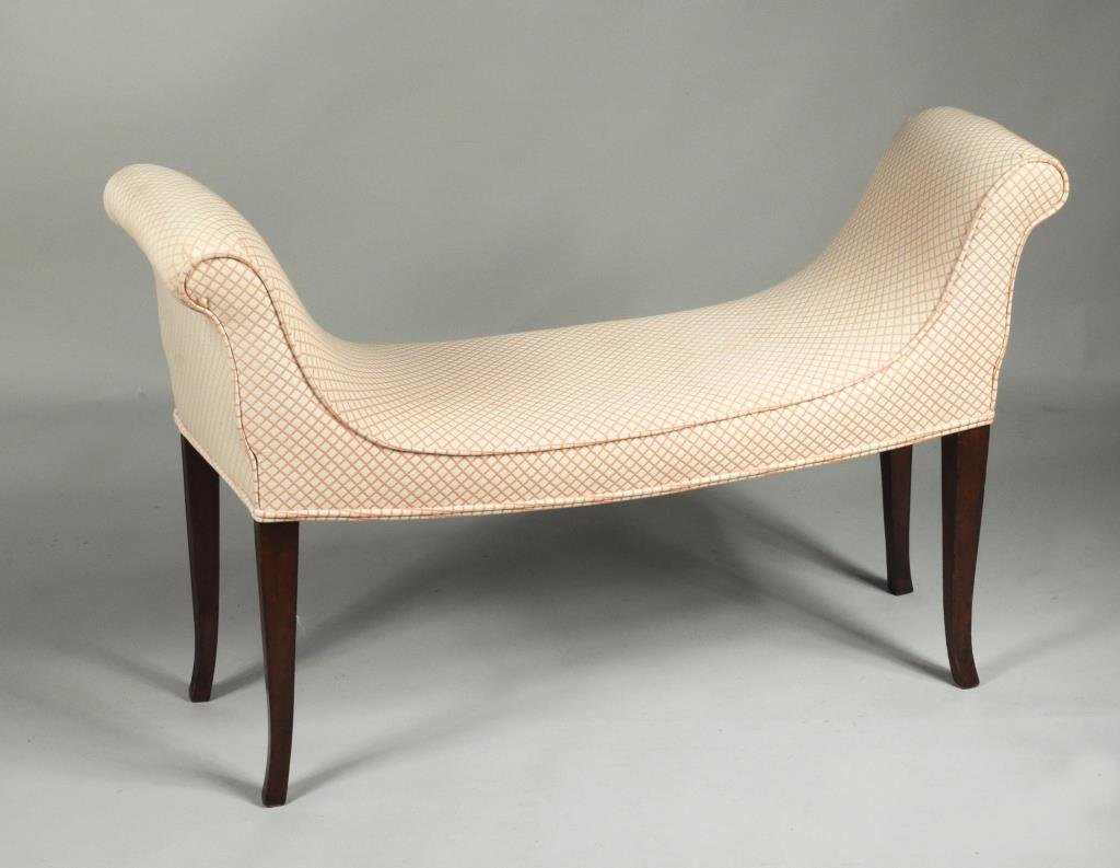 Hepplewhite Style Upholstered Window Seat: Hepplewhite style upholstered window seat having rolled ends and raised on molded tapering legs with flared toes. 26 1/2" high, 41 1/2" wide, 14" deep.