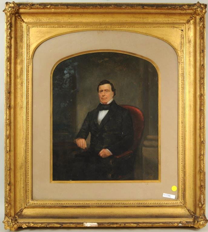 American School "John Thompson B. 1789" Oil/Paper: American School "John Thompson B. 1789", oil on paper, unsigned. Framed, not examined out of frame. Sight size: 17 7/8" high, 14 7/8" wide. Frame size: 31 1/2" high, 28 1/2" wide. Condition: small los
