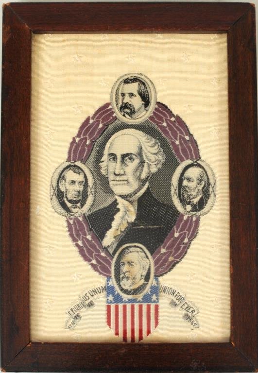 Political Stevengraph "Union Forever": Stevengraph depicting Washington, Lincoln, Garfield, Blaine and Logan, circa 1884. Framed, not examined out of frame. Sight size: 5" high, 3 1/4" wide. Frame size: 6 1/4" high, 4 3/8" wide. Condition: