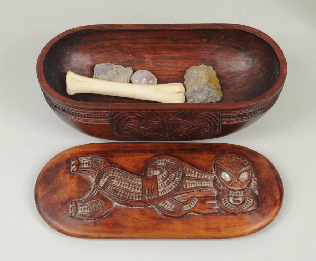 Maori Carved Wood Treasure Box W/Abalone Inlay: Maori carved wood treasure box with abalone inlay. 3 1/4" high, 8 7/8" long.