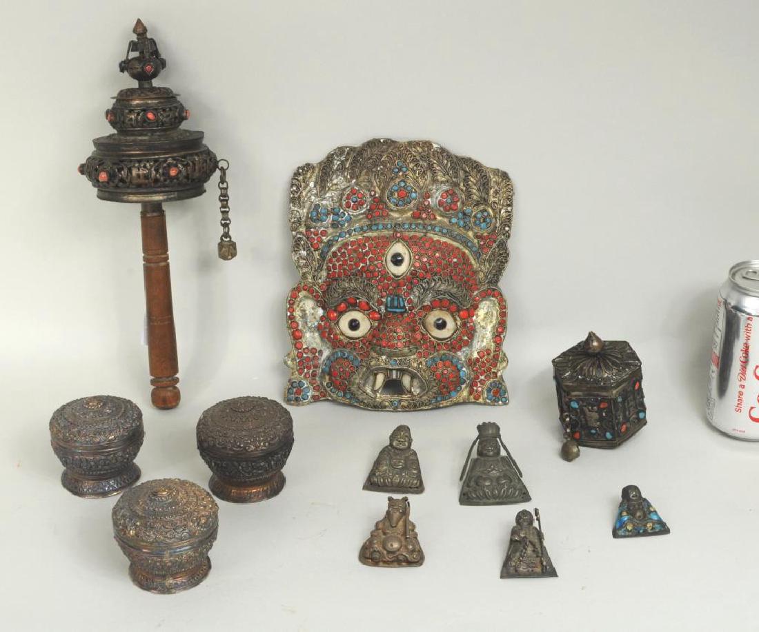 Tibetan Prayer Wheel, Mask, 3 Metal Containers (1 of 9)