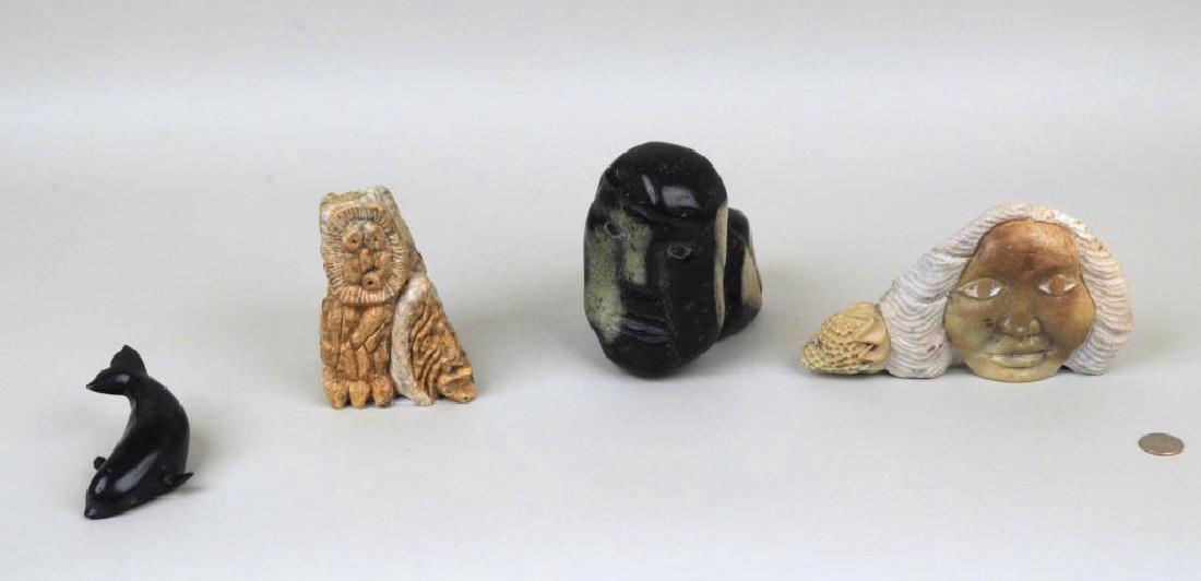 Three French Iroquois Stone Carvings, One Inuit: Three French Iroquois stone carvings, one signed "Walking Bear", one signed "Ryan Sandy", together with a signed Inuit whale carving. Largest: 5 1/2" high, 6" wide. Smallest: 4 1/2" long, 2 1/4" wide.
