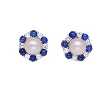 18K GOLD UNHEATED BURMESE SAPPHIRE, NATURAL PEARL AND DIAMOND EARRINGS