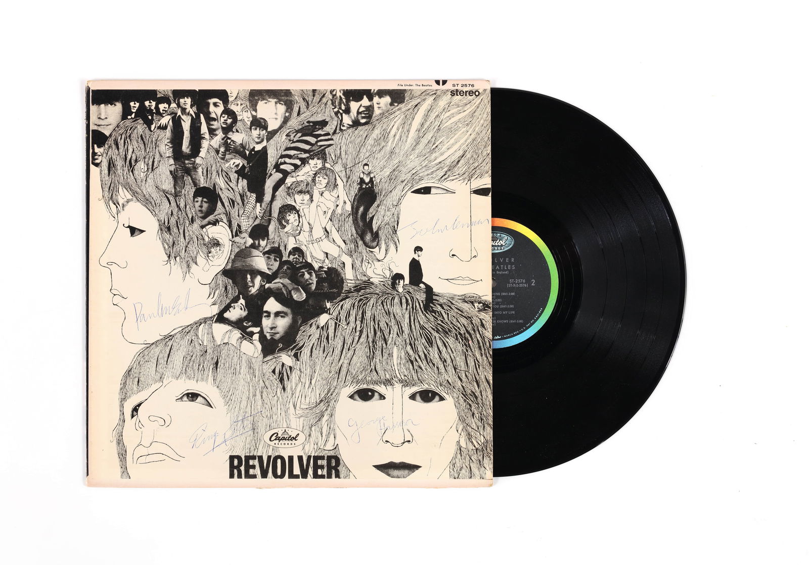 THE BEATLES SIGNED VINYL RECORD OF "REVOLVER": THE BEATLES SIGNED VINYL RECORD OF "REVOLVER" Dimensions:Vinyl records Size 12 1/4 x 12 1/4 in Description:This album includes the complete LP and is in good condition. The album is packed in its