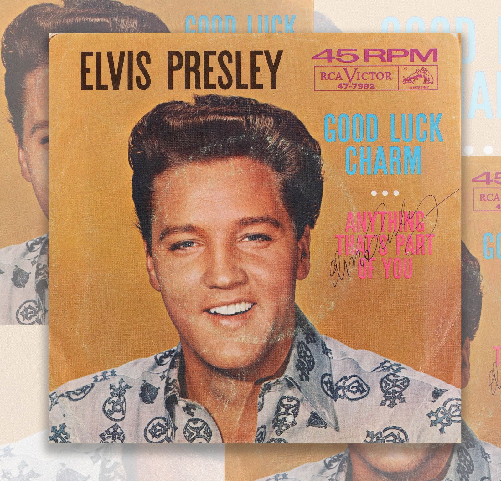 ELVIS PRESLEY SIGNED VINYL RECORD OF "GOOD LUCK CHARM/ANYTHING THAT'S PART OF YOU" (1 of 4)