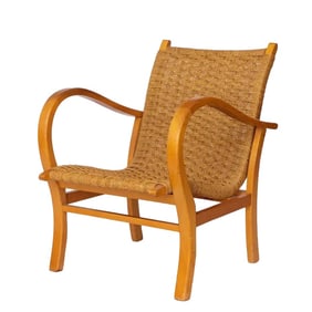 ERICH DICKMANN BAUHAUS ARMCHAIR – 1950S BEECHWOOD AND PAPER ROPE, GERMAN MID CENTURY MODERN