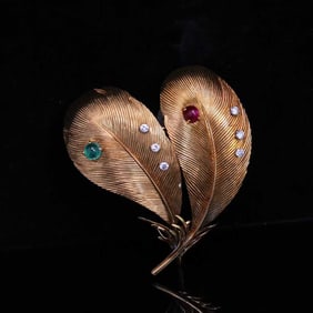 18K GOLD GEM  SET FEATHER BROOCH