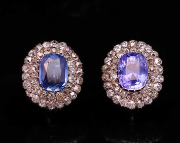 BIMETAL GOLD AND SILVER SAPPHIRE AND DIAMOND EAR CLIPS