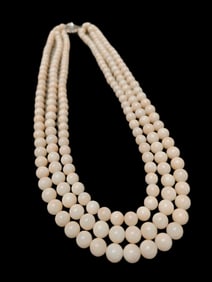 ANGEL SKIN CORAL THREE  STRAND NECKLACE WITH DIAMOND AND PLATINUM CLASP