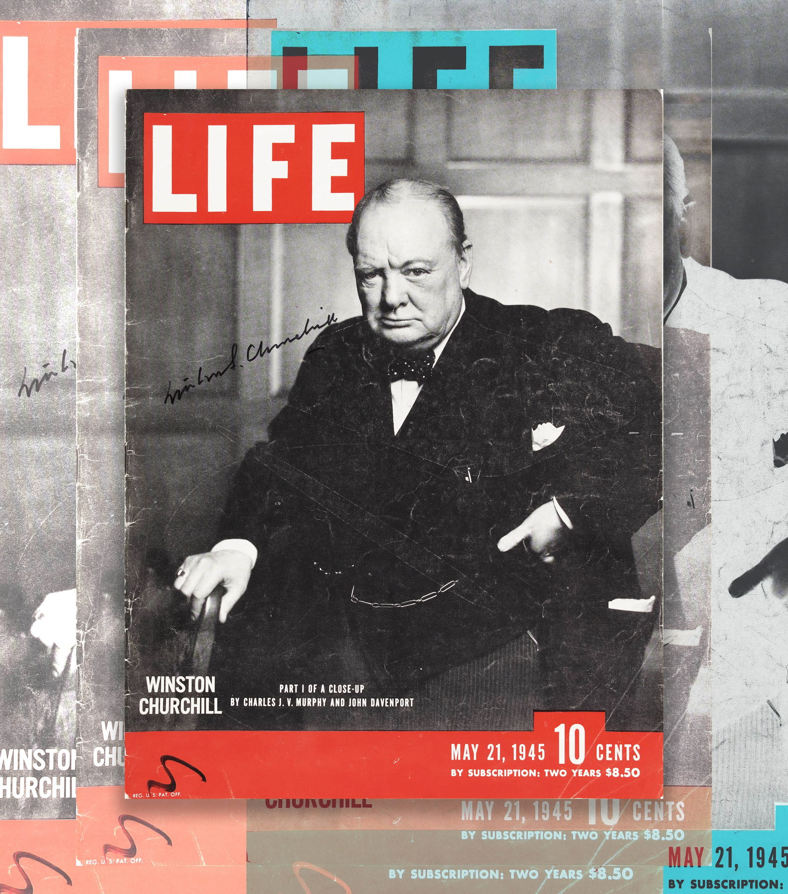 WINSTON CHURCHILL SIGNED IN THE MAY 21, 1945 ISSUE OF LIFE MAGAZINE (1 of 4)