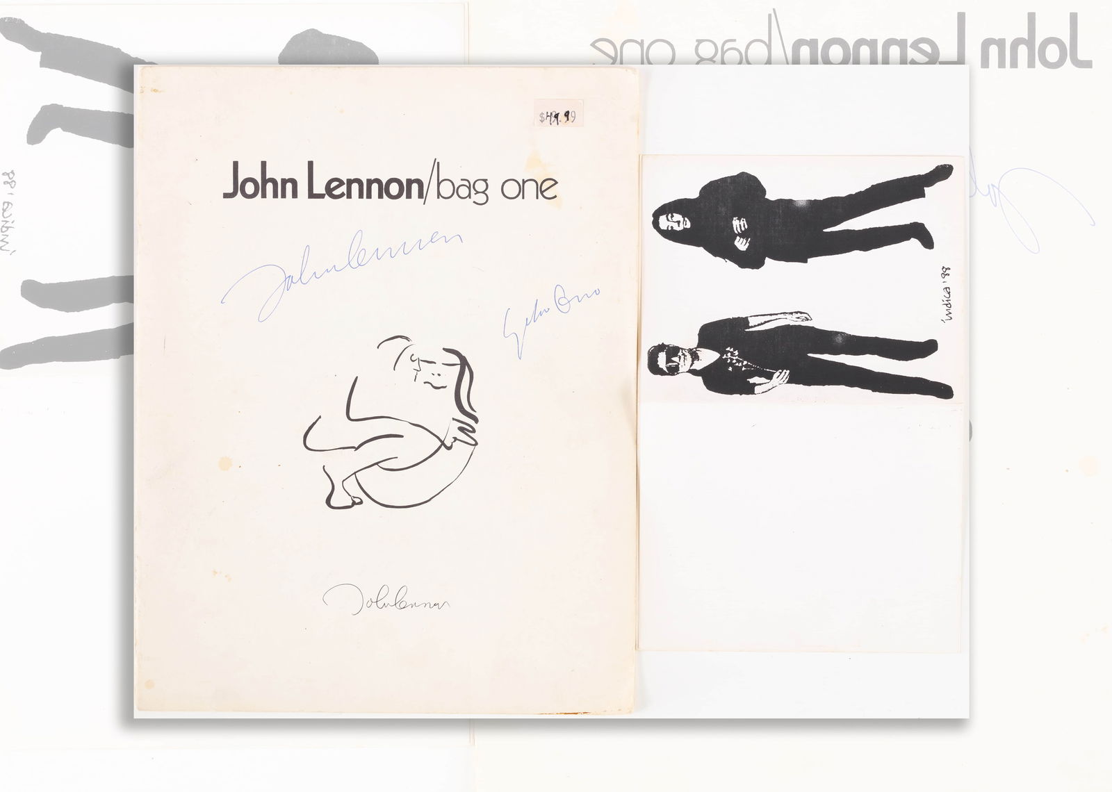 JOHN LENNON & YOKO ONO SIGNED "JOHN LENNON/BAG ONE": JOHN LENNON & YOKO ONO SIGNED "JOHN LENNON/BAG ONE" Provenance and Authenticity: This item includes a certificate of authenticity. This collectible has undergone a rigorous forensic evaluation. The