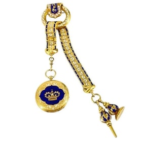 ANTIQUE VACHERON CONSTANTIN 18K GOLD AND BLUE ENAMEL POCKET WATCH, WITH BROOCH CHAIN AND BRACELET