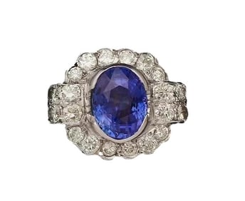 PLATINUM, SAPPHIRE AND DIAMOND ANTIQUE RING