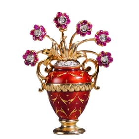 18K GOLD RUBY, DIAMOND AND ENAMEL PENDANT