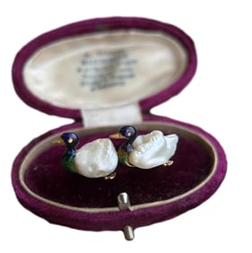 PAIR OF NATURAL PEARL DUCK FORM ANTIQUE BROOCHES