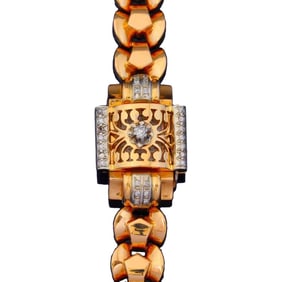 19K GOLD DIAMOND MECHANICAL WRISTWATCH WITH HINGED COVER